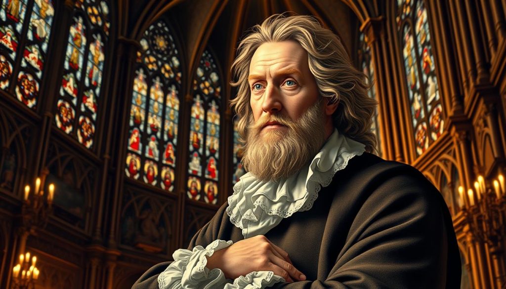 A meticulously detailed portrait of Johann Pachelbel, the influential 17th-century German composer and organist. Set against a backdrop of a grand Baroque cathedral interior, with intricate stained glass windows and ornate architectural details. Pachelbel is depicted in a contemplative pose, dressed in period-accurate attire, surrounded by a warm, golden lighting that illuminates his features and radiates a sense of reverence and artistic inspiration. The overall mood is one of historical significance and artistic mastery, capturing the essence of Pachelbel's pivotal role in the Baroque musical tradition. A meticulously detailed portrait of Johann Pachelbel, the influential 17th-century German composer and organist. Set against a backdrop of a grand Baroque cathedral interior, with intricate stained glass windows and ornate architectural details. Pachelbel is depicted in a contemplative pose, dressed in period-accurate attire, surrounded by a warm, golden lighting that illuminates his features and radiates a sense of reverence and artistic inspiration. The overall mood is one of historical significance and artistic mastery, capturing the essence of Pachelbel's pivotal role in the Baroque musical tradition.