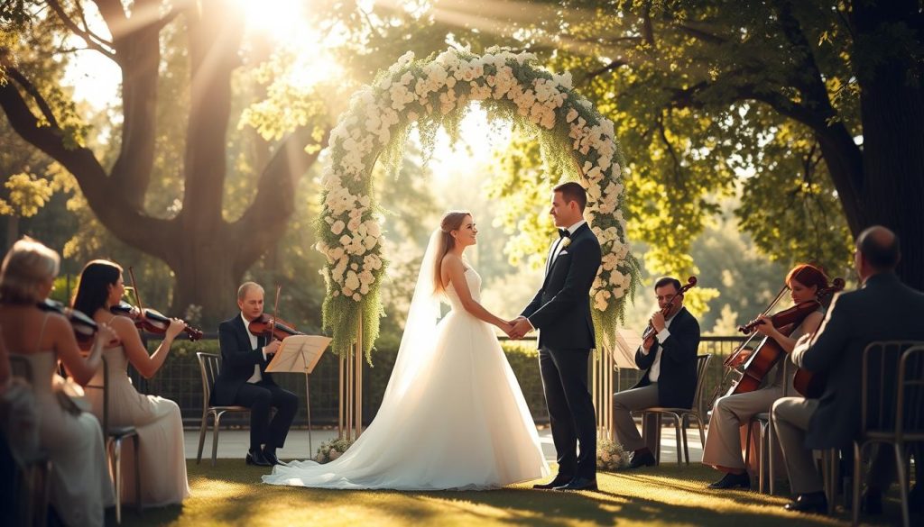A sun-dappled outdoor wedding scene, with a graceful bride and groom at the center. The couple stand before an elegant arch adorned with cascading flowers, a string quartet playing Pachelbel's Canon in the background. Soft, warm lighting filters through leafy trees, creating a dreamy, romantic atmosphere. The foreground is crisp and detailed, while the background gently blurs, drawing the eye to the newlyweds. The bride's flowing white gown and the groom's classic tuxedo create a timeless, classic feel. This tranquil, joyful image perfectly captures the essence of a Pachelbel-scored wedding celebration.