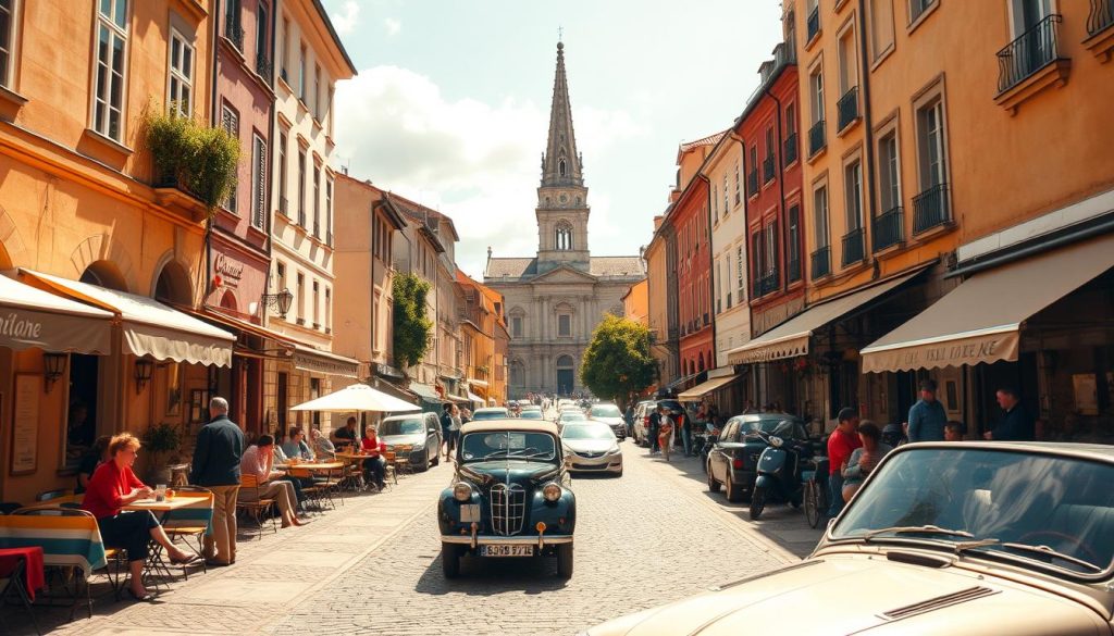 A sun-dappled scene of a quaint European town in the 1960s. The cobblestone streets are lined with charming cafes, their terraces bustling with patrons sipping espresso and chatting animatedly. In the distance, the steeple of a baroque cathedral rises majestically against a cloudless sky. Vintage cars and mopeds dot the scene, their chrome gleaming in the warm light. A sense of timeless elegance and joie de vivre permeates the air, as if Bach's joyful fugues could be heard drifting through the streets. The overall mood is one of cultural renaissance, a celebration of artistic legacy and contemporary vitality. A sun-dappled scene of a quaint European town in the 1960s. The cobblestone streets are lined with charming cafes, their terraces bustling with patrons sipping espresso and chatting animatedly. In the distance, the steeple of a baroque cathedral rises majestically against a cloudless sky. Vintage cars and mopeds dot the scene, their chrome gleaming in the warm light. A sense of timeless elegance and joie de vivre permeates the air, as if Bach's joyful fugues could be heard drifting through the streets. The overall mood is one of cultural renaissance, a celebration of artistic legacy and contemporary vitality.