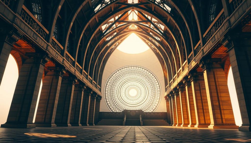 A sweeping, architectural structure made of stone and steel, with soaring arches and graceful curves. The imposing facade is bathed in warm, golden light, creating a sense of grandeur and timeless elegance. In the foreground, intricate patterns and textures emerge, hinting at the intricate geometric designs within. The middle ground features a series of nested, concentric circles, echoing the cyclical nature of the canon. The background fades into a soft, ethereal blur, suggesting a sense of harmony and unity. The overall composition evokes a profound sense of balance, rhythm, and the sublime power of form.