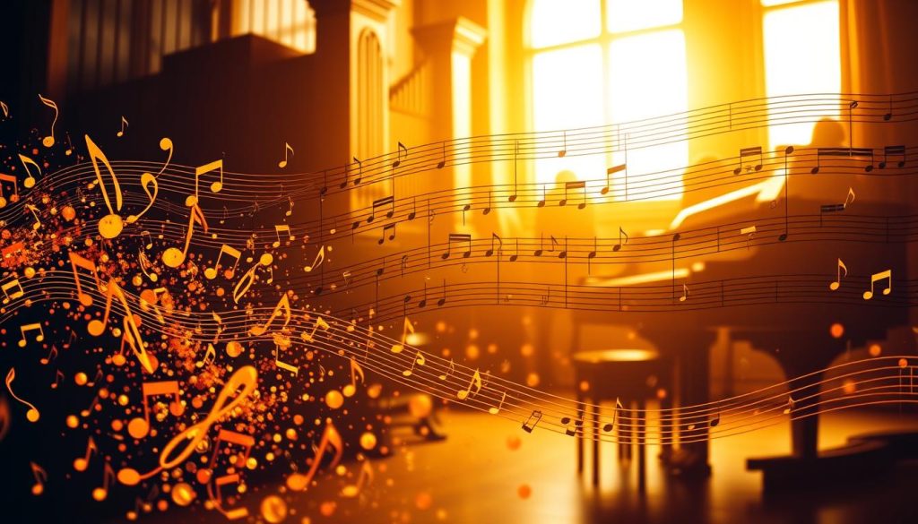 A vibrant, dynamic composition showcasing the motif canon. In the foreground, a cascading symphony of musical notes, each one a variation on the central theme, dance across the canvas. The middle ground features a series of intertwining, undulating melodic lines, creating a sense of harmonic depth and complexity. In the background, the silhouettes of various musical instruments, including a grand piano and a pipe organ, hint at the rich, textured accompaniment that underpins the work. The lighting is warm and golden, evoking a sense of timelessness and musical elegance. The overall atmosphere is one of contemplative, yet energetic, exploration of the variations motif canon.