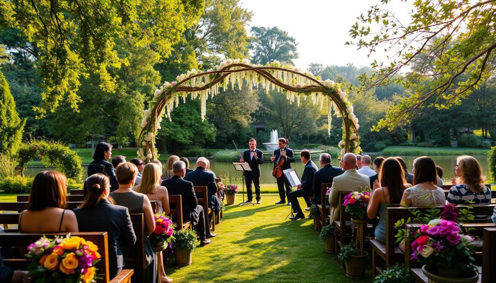 An enchanting garden wedding ceremony, with a breathtaking backdrop of lush greenery and a soft, golden glow from the sunlight filtering through the trees. In the foreground, a whimsical arch adorned with cascading flowers, creating an intimate and romantic ambiance. Guests are seated on rustic wooden benches, surrounded by vibrant floral arrangements and potted plants that add pops of color and natural charm. The middle ground showcases a string quartet, their instruments emitting a harmonious melody that sets the mood for the joyous occasion. In the distance, a tranquil pond reflects the serene scene, its gentle ripples adding to the sense of peaceful elegance.