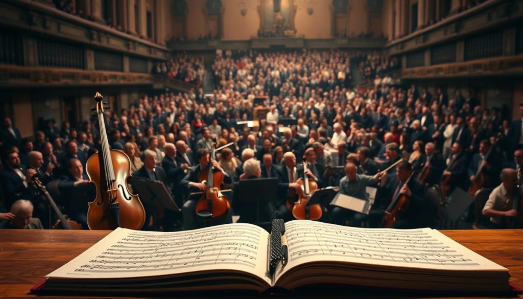 Prompt A grand musical score unfurls, revealing the iconic Pachelbel's Canon in its timeless glory. In the foreground, sheet music and a quartet of string instruments - a cello, violin, viola, and bass - gracefully interpret the beloved composition. The middle ground showcases a diverse array of musical reinterpretations, from modern electronic renditions to jazz-infused adaptations, each offering a unique spin on the classic. In the background, a sea of musicians and music enthusiasts gather, reflecting the enduring cultural impact of this baroque masterpiece. Soft, warm lighting illuminates the scene, evoking a sense of reverence and appreciation for the evolution of this timeless musical work.
