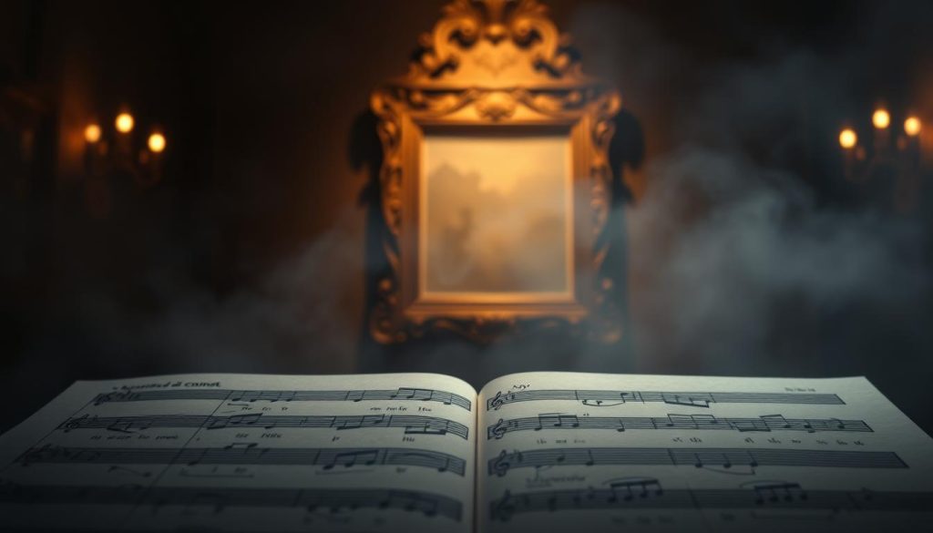 Prompt A serene, dimly lit musical score depicting the "suite d'accords canon" from Pachelbel's renowned work. The foreground showcases the progression of chords, with each note delicately rendered against a hazy, ethereal background. Warm lighting casts a soft, nostalgic glow, evoking the timeless and universal nature of this iconic musical passage. The middle ground features a grand, ornate frame, suggesting the depth and cultural significance of this composition. The overall atmosphere conveys a sense of contemplation and the enduring impact of Pachelbel's masterpiece.