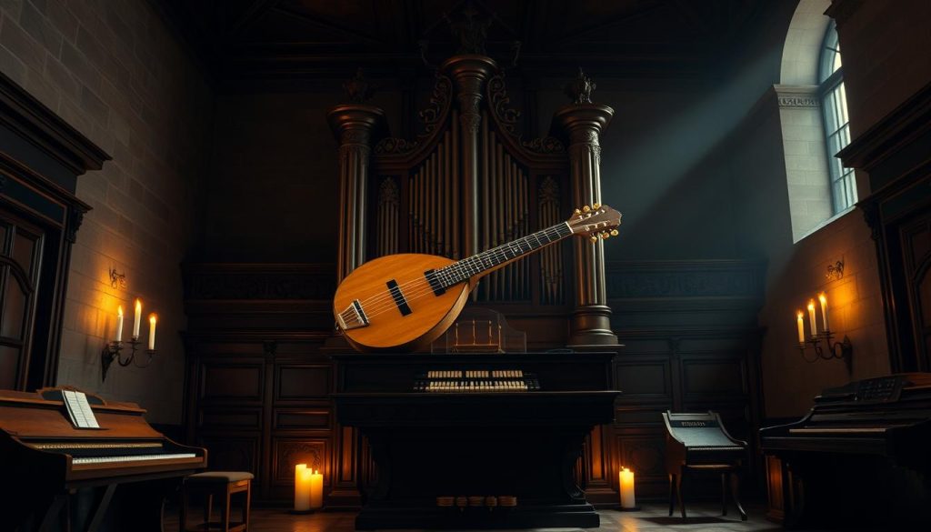 A dimly lit, baroque-era chamber with a grand organ as the centerpiece. The hexachordum apollinis, a six-string lute-like instrument, lies atop the organ, its delicate shape and intricate carvings illuminated by soft, candlelit ambiance. A clavichord and harpsichord flank the organ, suggesting the interplay of keyboard instruments. The scene evokes the contemplative atmosphere of a virtuosic performance, with a sense of historical reverence and artistic mastery. The image should convey the essence of Pachelbel's baroque keyboard works, their intricate variations and the dialogue between organ, clavichord, and harpsichord.