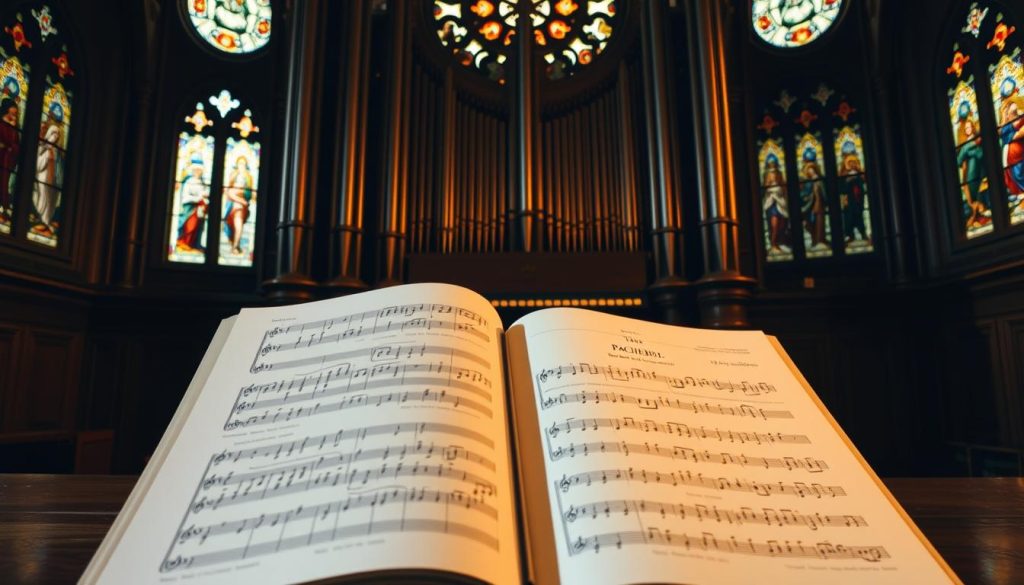 A grand baroque pipe organ in a dimly lit cathedral, showcasing Johann Pachelbel's renowned Canon in D Major. The organist's hands dance across the keyboard, coaxing rich, resonant tones from the instrument's intricate pipes. The warm, golden light filters through stained glass windows, casting a soft glow over the scene. In the foreground, the sheet music for the "Canon and Gigue in D Major" lies open, its 12 variations displayed in meticulous detail. The composition's complex basso continuo underpins the harmonious melodies, creating a sense of timeless elegance and grandeur. The atmosphere is one of reverence and musical mastery, capturing the essence of Pachelbel's enduring baroque masterpiece.
