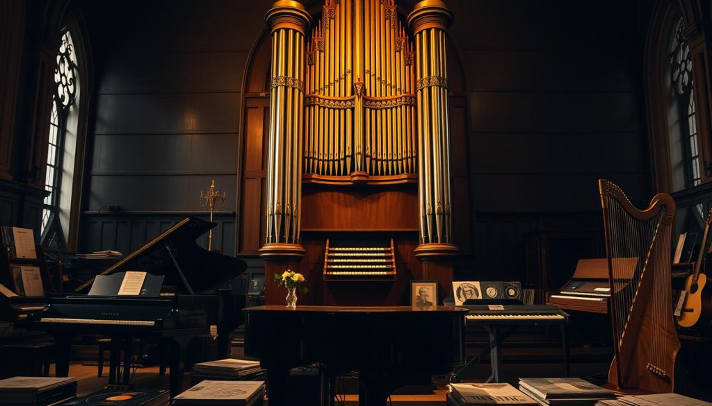 A grand baroque pipe organ stands tall in the center, its intricate pipes and wooden panels illuminated by warm, golden lighting. Surrounding the organ are various musical instruments - a sleek black grand piano, a gleaming harpsichord, and a collection of vinyl records showcasing different interpretations of Pachelbel's compositions. The scene is bathed in a rich, atmospheric chiaroscuro, with deep shadows and highlights that accentuate the texture and craftsmanship of the instruments. The overall mood is one of reverence and scholarly exploration, inviting the viewer to delve into the history and evolution of Pachelbel's iconic organ works.