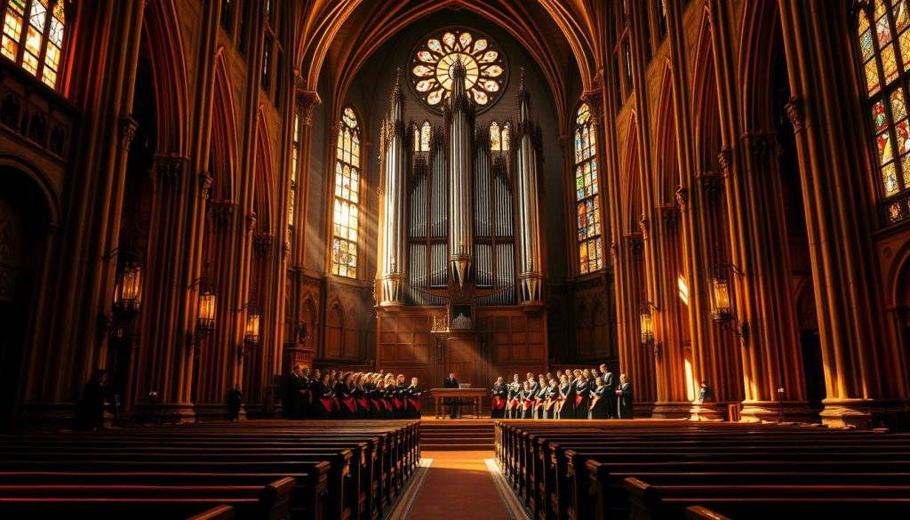 A magnificent cathedral interior, bathed in warm, golden light filtering through stained glass windows. In the foreground, a grand pipe organ stands majestically, its intricate pipes reaching towards the vaulted ceilings. Surrounding the organ, a chorus of angelic voices sings the Magnificat, their harmonies weaving a tapestry of spiritual grandeur. In the middle ground, wooden pews stretch out, creating a sense of reverence and contemplation. The background is filled with ornate architectural details, columns, and arches, suggesting the timeless beauty of this sacred space. The overall atmosphere is one of profound reverence, awe, and the transcendent power of sacred music.