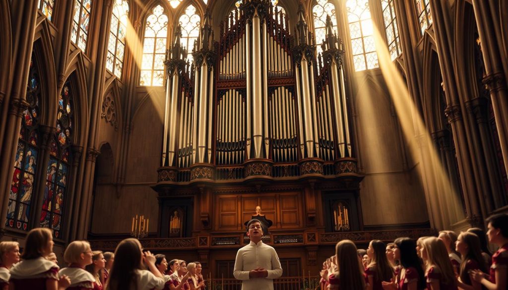 A magnificent pipe organ stands majestically in an ornate cathedral, its intricate pipes reaching towards the heavens. The organist's skilled fingers dance across the keys, coaxing out rich, harmonious chords that reverberate through the stained-glass windows. Shafts of golden light filter in, casting a warm, ethereal glow upon the scene. In the foreground, a choir of angelic voices joins the organ's sonorous tones, their harmonies intertwining in a sublime, transcendent performance. The overall atmosphere is one of reverence, contemplation, and the profound beauty of sacred music.