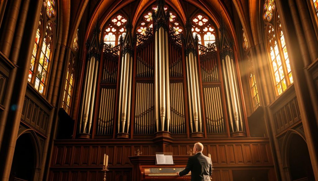 A majestic pipe organ in a grand cathedral, its intricate pipes and stops artfully arranged in a symmetrical, alternating pattern. The warm, golden light filters through stained glass windows, casting a serene, reverent atmosphere. The organist's skilled hands dance across the keyboard, coaxing out rich, resonant tones that fill the vast, echoing space. The organ's magnificent sound swells and reverberates, transporting the listener to a realm of spiritual contemplation and artistic beauty. The detailed, photorealistic scene captures the essence of the "Magnificat de Pachelbel" and its evocative musical interpretation. A majestic pipe organ in a grand cathedral, its intricate pipes and stops artfully arranged in a symmetrical, alternating pattern. The warm, golden light filters through stained glass windows, casting a serene, reverent atmosphere. The organist's skilled hands dance across the keyboard, coaxing out rich, resonant tones that fill the vast, echoing space. The organ's magnificent sound swells and reverberates, transporting the listener to a realm of spiritual contemplation and artistic beauty. The detailed, photorealistic scene captures the essence of the "Magnificat de Pachelbel" and its evocative musical interpretation.