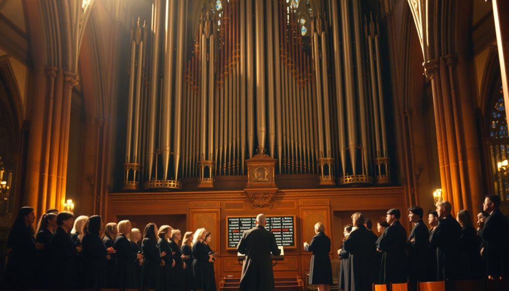 An expansive pipe organ fills the frame, its towering pipes and intricate mechanisms rendered in precise detail. Warm, golden light bathes the scene, casting a soft glow and evoking the reverent atmosphere of a historic cathedral. In the foreground, a choir of singers stands before the organ, their robes flowing and expressions serene as they harmonize the rich, resonant chords of a chorale prelude. The middle ground features the organist, their hands and feet masterfully navigating the instrument's keys and pedals, guiding the swell of the music. The background recedes into the shadowed arches and vaulted ceilings of the sacred space, hinting at the grandeur and timelessness of this musical tradition.