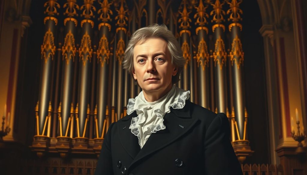 An oil painting of Johann Pachelbel, a renowned Baroque composer and organist, standing before a grand pipe organ in a dimly lit cathedral. Pachelbel is dressed in a tailored black coat and white ruffled collar, his face illuminated by soft, warm lighting that casts dramatic shadows. The organ pipes loom in the background, their intricate designs and golden accents reflecting the grandeur of the instrument. The scene conveys a sense of reverence and intellectual concentration, as Pachelbel contemplates the music he will soon compose and perform. The overall atmosphere is one of historical significance, capturing the essence of Pachelbel's role as a prominent figure in the world of Baroque organ music.