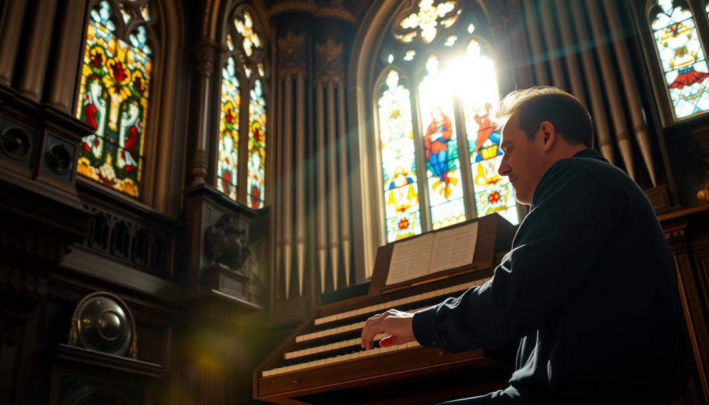 An organist sitting at a magnificent pipe organ, the sun streaming through stained glass windows, casting a warm, ethereal glow across the weathered keys and intricate pipes. Focused expression as their fingers dance across the keyboard, the air filled with the rich, resonant tones of a Baroque-era composition. The ornate architectural details of the church interior frame the scene, hinting at the sacred space and the historical significance of the performance. A sense of reverence and artistic devotion permeates the atmosphere, capturing the essence of Pachelbel's influential choral works.