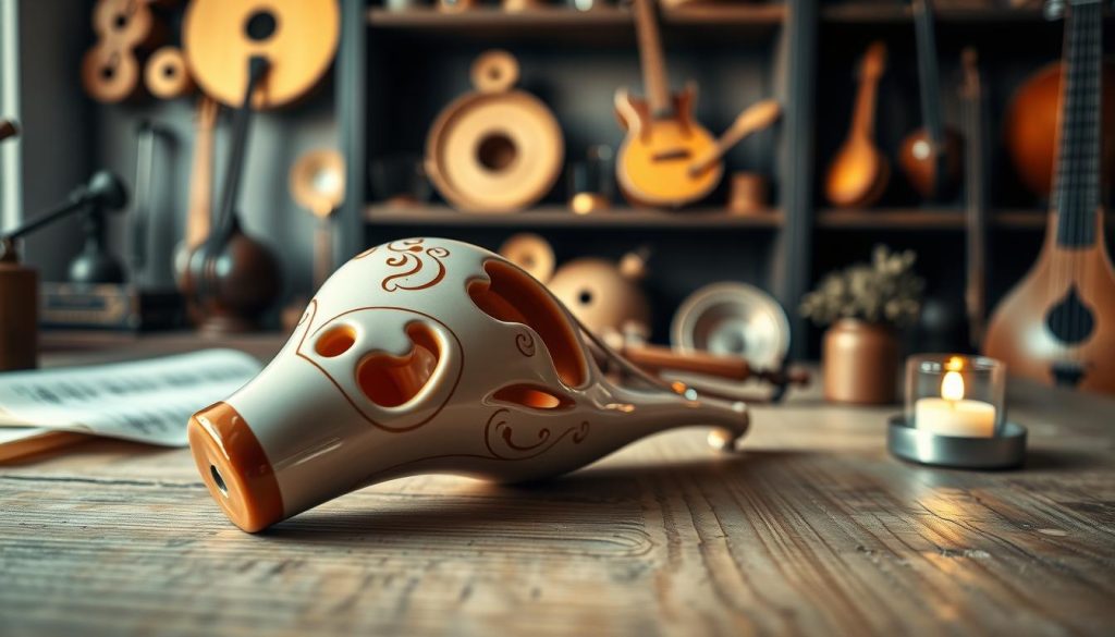 A beautiful close-up of a modern ocarina, showcasing its elegant curves and intricate designs, placed on a textured wooden table. The ocarina is made of ceramic with a glossy finish, reflecting soft ambient light. Surrounding the instrument, a subtle hint of sheet music and a small candle create a warm, inviting atmosphere. In the background, gently blurred shelves filled with various traditional instruments symbolize the ocarina's historical evolution and diffusion in Europe. The image is captured with a shallow depth of field, emphasizing the ocarina while creating a serene and harmonious mood. The lighting is soft and warm, evoking a sense of nostalgia and musical tradition. A beautiful close-up of a modern ocarina, showcasing its elegant curves and intricate designs, placed on a textured wooden table. The ocarina is made of ceramic with a glossy finish, reflecting soft ambient light. Surrounding the instrument, a subtle hint of sheet music and a small candle create a warm, inviting atmosphere. In the background, gently blurred shelves filled with various traditional instruments symbolize the ocarina's historical evolution and diffusion in Europe. The image is captured with a shallow depth of field, emphasizing the ocarina while creating a serene and harmonious mood. The lighting is soft and warm, evoking a sense of nostalgia and musical tradition.