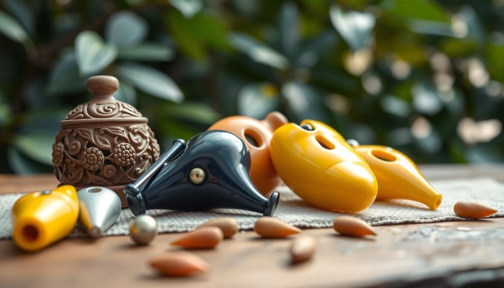 A beautifully arranged collection of various types of ocarinas displayed prominently in the foreground, showcasing their unique shapes, colors, and textures. Include a classic clay ocarina with intricate carvings, a glossy ceramic ocarina in deep blue, and a modern plastic ocarina in bright yellow. The middle ground should feature a soft, textured surface such as a wooden table to enhance the earthy feel of the instruments. In the background, a softly blurred natural setting with gentle lighting filtering through leaves, creating a serene atmosphere. The overall composition should convey a sense of harmony and craftsmanship, inviting the viewer to explore the intricate details and history of these fascinating musical instruments. Use soft, natural lighting to highlight the colors and designs without harsh shadows. A beautifully arranged collection of various types of ocarinas displayed prominently in the foreground, showcasing their unique shapes, colors, and textures. Include a classic clay ocarina with intricate carvings, a glossy ceramic ocarina in deep blue, and a modern plastic ocarina in bright yellow. The middle ground should feature a soft, textured surface such as a wooden table to enhance the earthy feel of the instruments. In the background, a softly blurred natural setting with gentle lighting filtering through leaves, creating a serene atmosphere. The overall composition should convey a sense of harmony and craftsmanship, inviting the viewer to explore the intricate details and history of these fascinating musical instruments. Use soft, natural lighting to highlight the colors and designs without harsh shadows.