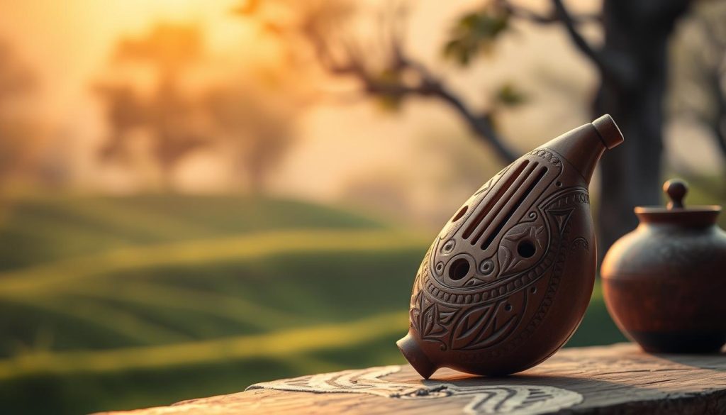 A beautifully crafted ocarina, showcasing its distinct curved shape, is placed prominently in the foreground, highlighting intricate designs and textures. The middle ground features a softly blurred landscape, reminiscent of ancient culture and music, such as rolling green hills or rustic pottery. In the background, warm sunlight filters through trees, creating a peaceful and inviting atmosphere that speaks to the instrument's rich history. The image is captured with a shallow depth of field, allowing the ocarina to be the focal point while softly blurring the background. The lighting is warm, evoking a sense of nostalgia and tradition, making the viewer feel connected to the origins and cultural significance of the ocarina. The overall mood is serene and reflective. A beautifully crafted ocarina, showcasing its distinct curved shape, is placed prominently in the foreground, highlighting intricate designs and textures. The middle ground features a softly blurred landscape, reminiscent of ancient culture and music, such as rolling green hills or rustic pottery. In the background, warm sunlight filters through trees, creating a peaceful and inviting atmosphere that speaks to the instrument's rich history. The image is captured with a shallow depth of field, allowing the ocarina to be the focal point while softly blurring the background. The lighting is warm, evoking a sense of nostalgia and tradition, making the viewer feel connected to the origins and cultural significance of the ocarina. The overall mood is serene and reflective.