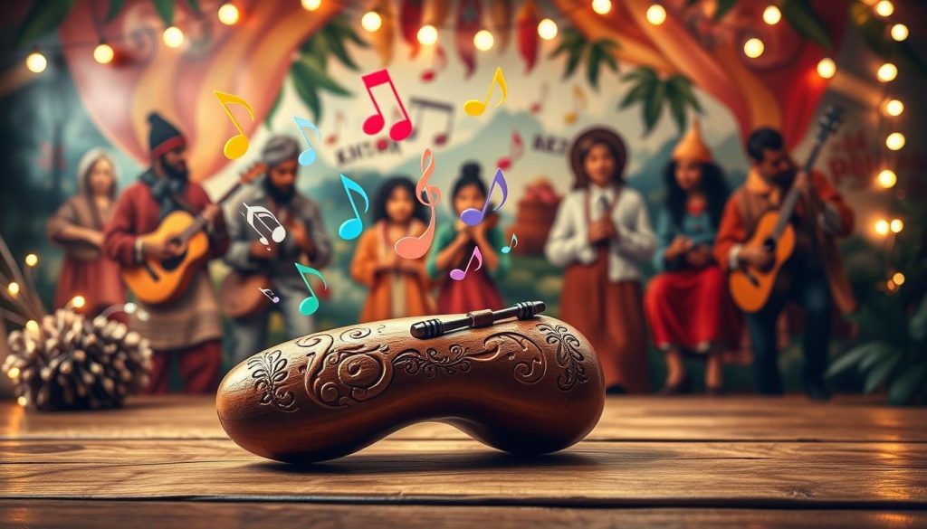 A beautifully detailed scene showcasing an ocarina amidst various cultural elements that highlight its influence in music and popular culture. In the foreground, a classic earthen ocarina is elegantly positioned on a wooden table, adorned with intricate carvings. In the middle, vibrant musical notes float around, symbolizing diverse genres such as folk, pop, and classical music. Behind them, a mural of musicians from different cultures playing the ocarina, dressed in traditional and contemporary attire, adds depth. The background features an atmospheric blend of colors reminiscent of a lively music festival, with twinkling fairy lights creating a warm, inviting ambiance. Soft, warm lighting casts gentle shadows, enhancing the mood of celebration and nostalgia associated with this unique instrument. A beautifully detailed scene showcasing an ocarina amidst various cultural elements that highlight its influence in music and popular culture. In the foreground, a classic earthen ocarina is elegantly positioned on a wooden table, adorned with intricate carvings. In the middle, vibrant musical notes float around, symbolizing diverse genres such as folk, pop, and classical music. Behind them, a mural of musicians from different cultures playing the ocarina, dressed in traditional and contemporary attire, adds depth. The background features an atmospheric blend of colors reminiscent of a lively music festival, with twinkling fairy lights creating a warm, inviting ambiance. Soft, warm lighting casts gentle shadows, enhancing the mood of celebration and nostalgia associated with this unique instrument.