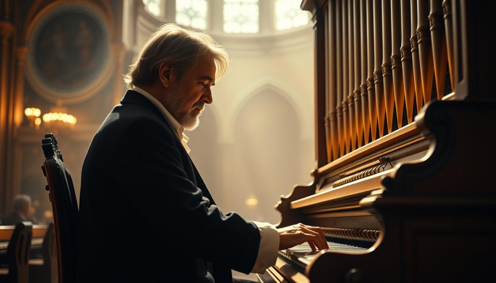 A breathtaking, cinematic portrait of the renowned composer Johann Pachelbel and his iconic musical masterpiece, the Canon. The image showcases Pachelbel seated at a grand, ornate pipe organ, his hands gracefully dancing across the keys, lost in the tranquil yet captivating melody of his timeless work. The scene is bathed in warm, golden lighting, creating a serene and contemplative atmosphere. The organ's intricate details and the composer's pensive expression convey the depth and artistry of Pachelbel's renowned composition. The background is hazy, with a hint of a concert hall or cathedral, suggesting the enduring legacy and far-reaching influence of the Canon in the world of film, art, and classical music.