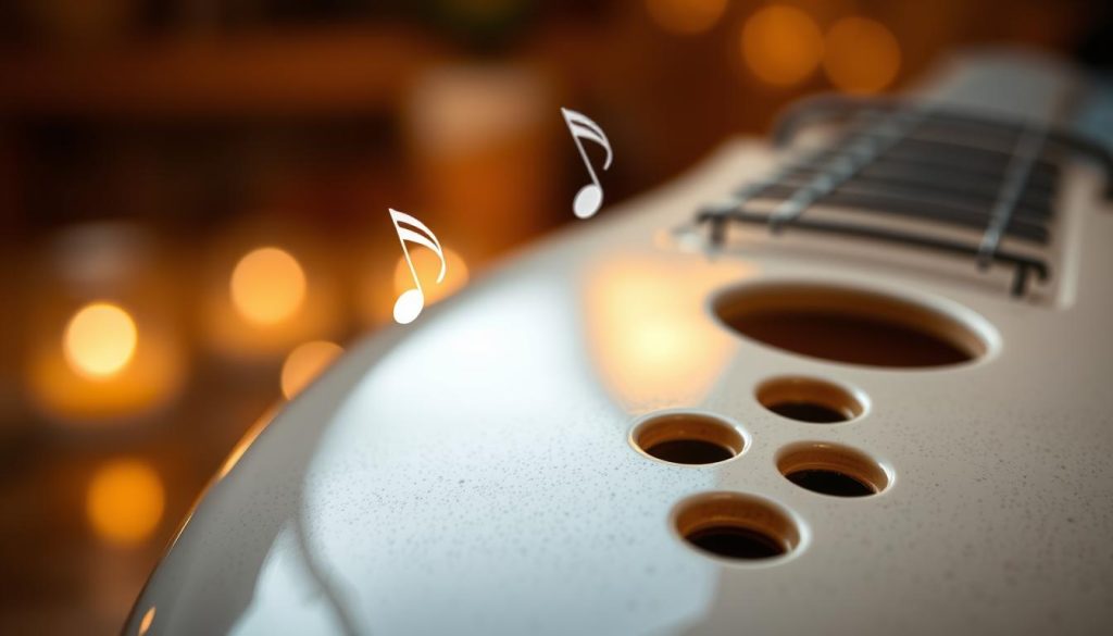 A close-up view of a beautifully crafted ocarina, showcasing its distinct holes and intricate design. The ocarina is made of ceramic with a glossy finish, reflecting soft ambient light. In the foreground, the ocarina's holes are clearly visible, highlighting their arrangement and size, while subtle textures of the ceramic surface add depth to the image. The middle ground features gentle musical notes wafting from the ocarina, symbolizing its musical capabilities. The background is softly blurred, creating a serene atmosphere that suggests a cozy music room, with warm, inviting lighting. The overall mood is calm and focused, ideal for illustrating the relationship between the ocarina's holes and its pitch range. A close-up view of a beautifully crafted ocarina, showcasing its distinct holes and intricate design. The ocarina is made of ceramic with a glossy finish, reflecting soft ambient light. In the foreground, the ocarina's holes are clearly visible, highlighting their arrangement and size, while subtle textures of the ceramic surface add depth to the image. The middle ground features gentle musical notes wafting from the ocarina, symbolizing its musical capabilities. The background is softly blurred, creating a serene atmosphere that suggests a cozy music room, with warm, inviting lighting. The overall mood is calm and focused, ideal for illustrating the relationship between the ocarina's holes and its pitch range.