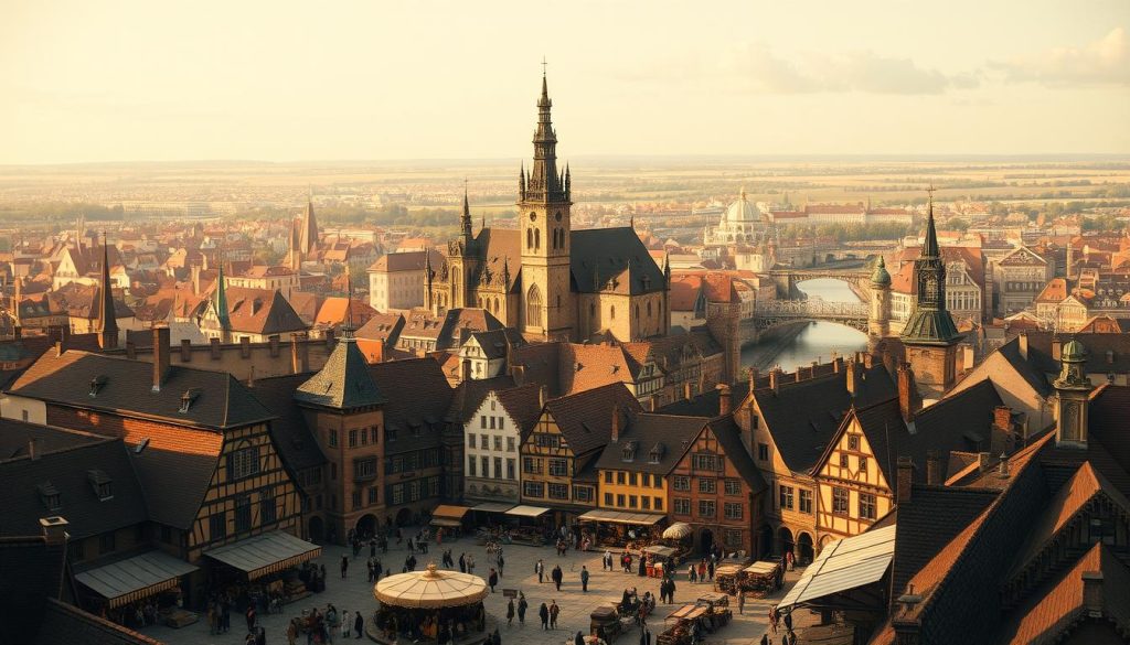 A detailed cityscape of Nuremberg in 1653, showcasing the historic city's architecture and atmosphere. In the foreground, the bustling market square is filled with vendors and residents going about their daily lives, captured in a warm, golden-hued natural lighting. The middle ground features the towering spires of the Nuremberg Castle, its imposing presence overlooking the city. In the background, the city walls and ramparts stretch out, with the iconic Pegnitz River winding through the urban landscape. The scene conveys a sense of historic grandeur, reflecting the cultural and economic significance of Nuremberg during the 17th century, a setting that would have profoundly influenced the musical works of composers like Johann Pachelbel. A detailed cityscape of Nuremberg in 1653, showcasing the historic city's architecture and atmosphere. In the foreground, the bustling market square is filled with vendors and residents going about their daily lives, captured in a warm, golden-hued natural lighting. The middle ground features the towering spires of the Nuremberg Castle, its imposing presence overlooking the city. In the background, the city walls and ramparts stretch out, with the iconic Pegnitz River winding through the urban landscape. The scene conveys a sense of historic grandeur, reflecting the cultural and economic significance of Nuremberg during the 17th century, a setting that would have profoundly influenced the musical works of composers like Johann Pachelbel.