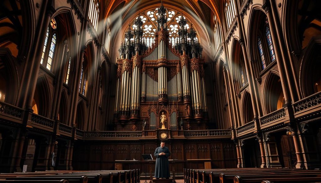 A grand, ornate church interior in Nuremberg, Germany, with a massive, intricate pipe organ dominating the central apse. The organ's carved wooden pipes, gilded details, and ornate decorations reflect the rich musical heritage of the city. Shafts of warm, golden light stream through the high stained-glass windows, illuminating the intricate vaulted ceilings and creating a reverent, solemn atmosphere. The organist, dressed in traditional robes, sits at the console, their fingers deftly moving across the keys, producing a powerful, resonant sound that echoes through the sacred space. The pews are empty, allowing the viewer to immerse themselves in the grandeur and majesty of the organ and its surroundings. A grand, ornate church interior in Nuremberg, Germany, with a massive, intricate pipe organ dominating the central apse. The organ's carved wooden pipes, gilded details, and ornate decorations reflect the rich musical heritage of the city. Shafts of warm, golden light stream through the high stained-glass windows, illuminating the intricate vaulted ceilings and creating a reverent, solemn atmosphere. The organist, dressed in traditional robes, sits at the console, their fingers deftly moving across the keys, producing a powerful, resonant sound that echoes through the sacred space. The pews are empty, allowing the viewer to immerse themselves in the grandeur and majesty of the organ and its surroundings.