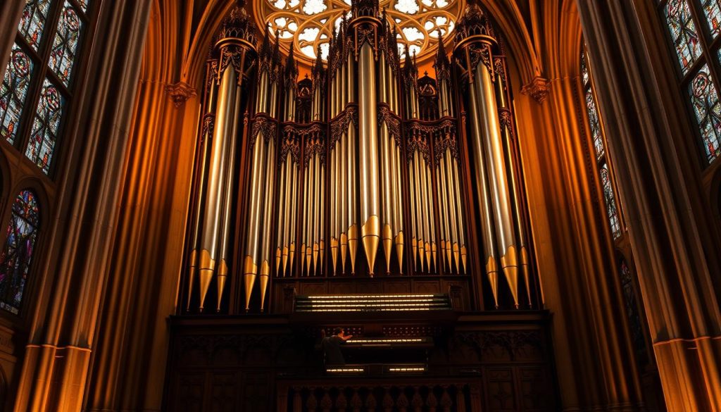 A grand pipe organ, its intricate pipes and ornate casing bathed in warm, golden light, stands majestically in a grand cathedral. The organist's nimble fingers dance across the keys, coaxing forth the sublime harmonies of Pachelbel's Canon in D Major. The piece's serene, cyclical structure unfolds, each iteration revealing a new layer of harmonic complexity and emotional depth. The cathedral's vaulted ceilings and stained-glass windows create a sense of timeless wonder, as the music fills the air with a profound sense of contemplation and awe. A grand pipe organ, its intricate pipes and ornate casing bathed in warm, golden light, stands majestically in a grand cathedral. The organist's nimble fingers dance across the keys, coaxing forth the sublime harmonies of Pachelbel's Canon in D Major. The piece's serene, cyclical structure unfolds, each iteration revealing a new layer of harmonic complexity and emotional depth. The cathedral's vaulted ceilings and stained-glass windows create a sense of timeless wonder, as the music fills the air with a profound sense of contemplation and awe.