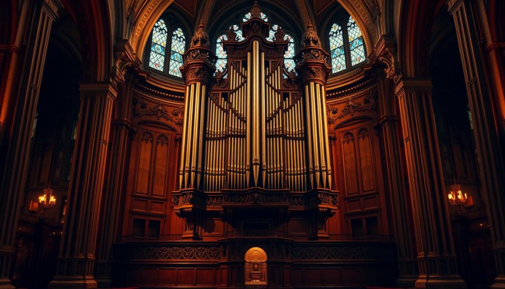 A large, ornate pipe organ stands prominently in an elegantly designed church interior. The instrument's intricate pipes and wooden casework are illuminated by warm, atmospheric lighting, casting a serene and reverent ambiance. The organ is the focal point, set against a backdrop of detailed architectural features such as vaulted ceilings, stained glass windows, and decorative columns. The composition emphasizes the grandeur and historical significance of this instrument, which would have been central to Johann Pachelbel's compositional works for keyboard. The overall mood evokes a sense of awe and spiritual contemplation, reflecting the solemnity and majesty of Pachelbel's organ compositions. A large, ornate pipe organ stands prominently in an elegantly designed church interior. The instrument's intricate pipes and wooden casework are illuminated by warm, atmospheric lighting, casting a serene and reverent ambiance. The organ is the focal point, set against a backdrop of detailed architectural features such as vaulted ceilings, stained glass windows, and decorative columns. The composition emphasizes the grandeur and historical significance of this instrument, which would have been central to Johann Pachelbel's compositional works for keyboard. The overall mood evokes a sense of awe and spiritual contemplation, reflecting the solemnity and majesty of Pachelbel's organ compositions.