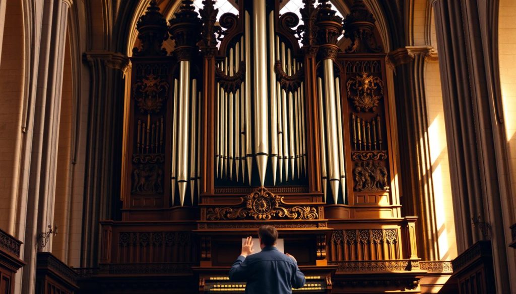 A magnificent pipe organ stands tall in a grand cathedral, its majestic pipes gleaming in the soft, warm light. The intricate wooden casing is adorned with ornate carvings, casting intricate shadows across the ornate interior. The organist's hands dance gracefully across the keyboard, coaxing a rich, resonant sound that fills the space with a sense of reverence and awe. The scene evokes a serene, contemplative atmosphere, perfectly suited to appreciate the musical genius of Pachelbel and his timeless compositions. A magnificent pipe organ stands tall in a grand cathedral, its majestic pipes gleaming in the soft, warm light. The intricate wooden casing is adorned with ornate carvings, casting intricate shadows across the ornate interior. The organist's hands dance gracefully across the keyboard, coaxing a rich, resonant sound that fills the space with a sense of reverence and awe. The scene evokes a serene, contemplative atmosphere, perfectly suited to appreciate the musical genius of Pachelbel and his timeless compositions.