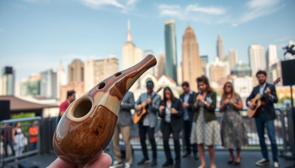 A modern ocarina displayed prominently in the foreground, showcasing its intricate ceramic design, with glistening glazes reflecting soft, warm lighting. In the middle ground, a diverse group of musicians of various ages, dressed in casual yet professional attire, plays together, collaborating on a lively outdoor stage. In the background, a vibrant cityscape under a clear blue sky blends traditional and contemporary architecture, symbolizing the evolution and accessibility of the ocarina today. The scene captures a sense of community and joy, emphasizing the instrument's relevance and future potential in music culture. Use a shallow depth of field to focus on the ocarina and musicians, creating a lively atmosphere that invites viewers into this harmonious moment. A modern ocarina displayed prominently in the foreground, showcasing its intricate ceramic design, with glistening glazes reflecting soft, warm lighting. In the middle ground, a diverse group of musicians of various ages, dressed in casual yet professional attire, plays together, collaborating on a lively outdoor stage. In the background, a vibrant cityscape under a clear blue sky blends traditional and contemporary architecture, symbolizing the evolution and accessibility of the ocarina today. The scene captures a sense of community and joy, emphasizing the instrument's relevance and future potential in music culture. Use a shallow depth of field to focus on the ocarina and musicians, creating a lively atmosphere that invites viewers into this harmonious moment.