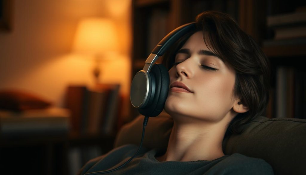 A serene and tranquil scene of a person listening to Pachelbel's Canon. The foreground features a person sitting comfortably, eyes closed, immersed in the soothing classical melody. In the middle ground, a high-quality pair of over-ear headphones rests on the person's head, the soft leather cups enveloping their ears. The background depicts a cozy, dimly lit room, with a bookshelf or record player hinting at the person's love of music. Soft, warm lighting casts a gentle glow, creating an atmosphere of introspection and contemplation. The composition is balanced and harmonious, mirroring the timeless beauty of the Canon itself. A serene and tranquil scene of a person listening to Pachelbel's Canon. The foreground features a person sitting comfortably, eyes closed, immersed in the soothing classical melody. In the middle ground, a high-quality pair of over-ear headphones rests on the person's head, the soft leather cups enveloping their ears. The background depicts a cozy, dimly lit room, with a bookshelf or record player hinting at the person's love of music. Soft, warm lighting casts a gentle glow, creating an atmosphere of introspection and contemplation. The composition is balanced and harmonious, mirroring the timeless beauty of the Canon itself.
