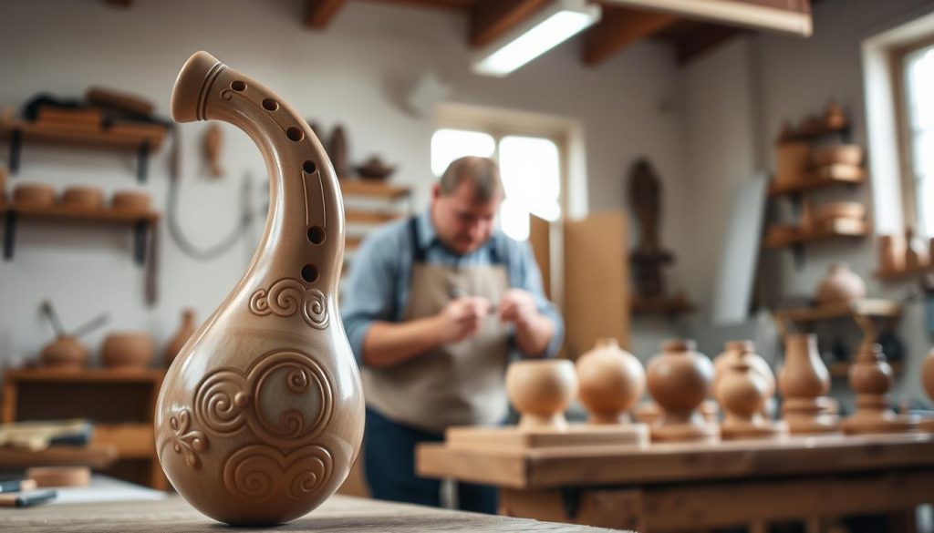 An elegant ocarina prominently displayed in the foreground, showcasing its distinct shape and craftsmanship, with intricate designs and a smooth ceramic finish. The middle ground reveals a skilled artisan creating an ocarina, wearing modest, professional attire and focused on the intricate details of the instrument. The background features a softly lit workshop filled with pottery tools and clay, emphasizing a warm, inviting atmosphere. Gentle natural light filters through a window, casting a soft glow on the scene. The overall mood conveys the artistry and technical precision involved in ocarina manufacturing, combining tradition with craftsmanship. Capture the image from a slightly elevated angle to highlight the ocarina's features and the artisan at work. An elegant ocarina prominently displayed in the foreground, showcasing its distinct shape and craftsmanship, with intricate designs and a smooth ceramic finish. The middle ground reveals a skilled artisan creating an ocarina, wearing modest, professional attire and focused on the intricate details of the instrument. The background features a softly lit workshop filled with pottery tools and clay, emphasizing a warm, inviting atmosphere. Gentle natural light filters through a window, casting a soft glow on the scene. The overall mood conveys the artistry and technical precision involved in ocarina manufacturing, combining tradition with craftsmanship. Capture the image from a slightly elevated angle to highlight the ocarina's features and the artisan at work.