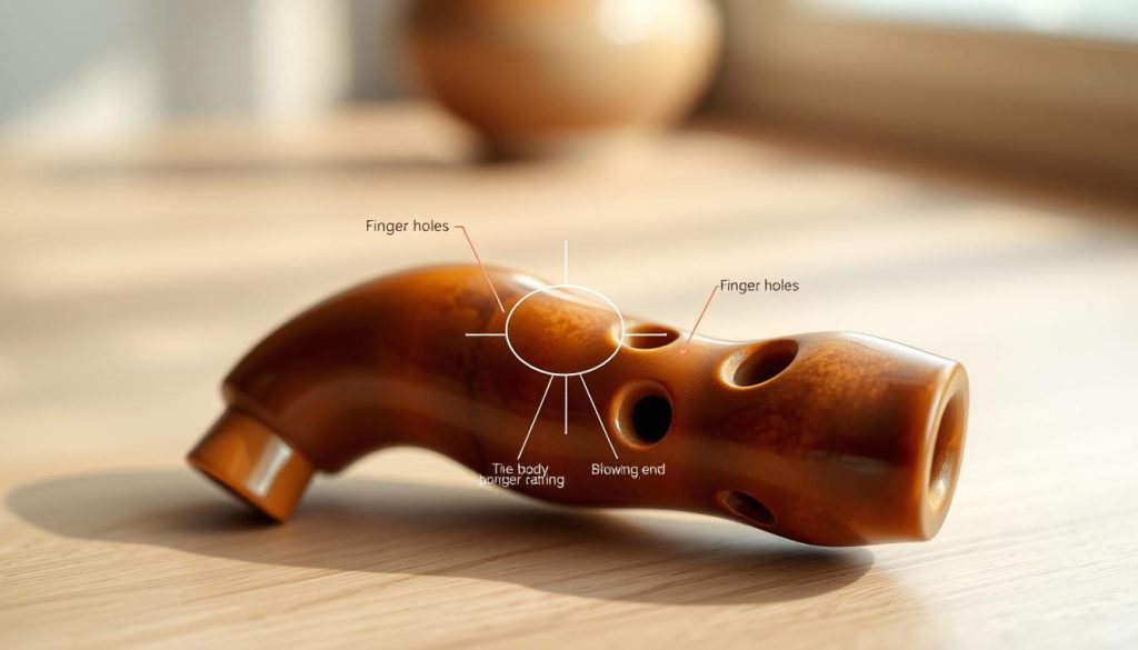 An intricately detailed ocarina displayed prominently in the foreground, highlighting its smooth, organic shape and key components such as finger holes and the mouthpiece. The ocarina's texture should reflect a glossy ceramic finish, showcasing subtle variations in color, with a warm earth-tone palette. In the middle ground, include a clear, labeled diagram outlining the main parts of the ocarina—such as the body, finger holes, and blowing end—in a scientific yet artistic manner. The background should be softly blurred to keep focus on the ocarina, with a gentle, natural lighting casting soft shadows, evoking an informative and tranquil atmosphere. The angle should be slightly elevated, providing a comprehensive view that emphasizes the structure and functionality of the instrument. An intricately detailed ocarina displayed prominently in the foreground, highlighting its smooth, organic shape and key components such as finger holes and the mouthpiece. The ocarina's texture should reflect a glossy ceramic finish, showcasing subtle variations in color, with a warm earth-tone palette. In the middle ground, include a clear, labeled diagram outlining the main parts of the ocarina—such as the body, finger holes, and blowing end—in a scientific yet artistic manner. The background should be softly blurred to keep focus on the ocarina, with a gentle, natural lighting casting soft shadows, evoking an informative and tranquil atmosphere. The angle should be slightly elevated, providing a comprehensive view that emphasizes the structure and functionality of the instrument.