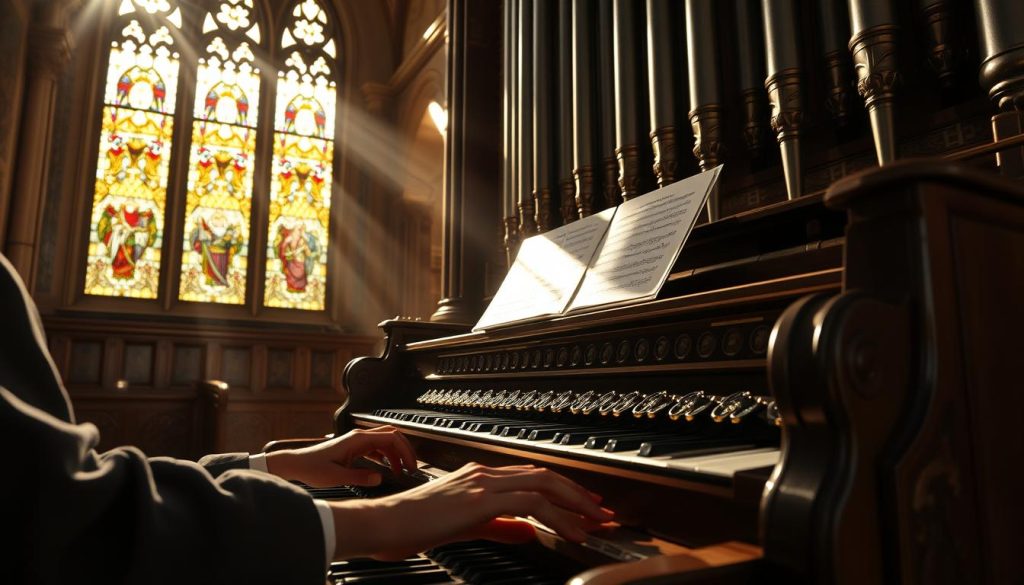Intricate baroque music fills the air, as a grand organ pipes an elaborate canon gigue by Johann Pachelbel. The keyboard's keys dance with virtuosic flourishes, fingers gliding effortlessly across the ebony and ivory. Sunlight filters through stained glass, casting a warm, reverent glow over the organist's performance. Delicate melodies intertwine, building into a magnificent tapestry of sound that captivates the listener. Beyond the renowned "Canon," this scene unveils the true depth and artistry of Pachelbel's keyboard compositions, inviting a deeper appreciation of his musical genius. Intricate baroque music fills the air, as a grand organ pipes an elaborate canon gigue by Johann Pachelbel. The keyboard's keys dance with virtuosic flourishes, fingers gliding effortlessly across the ebony and ivory. Sunlight filters through stained glass, casting a warm, reverent glow over the organist's performance. Delicate melodies intertwine, building into a magnificent tapestry of sound that captivates the listener. Beyond the renowned "Canon," this scene unveils the true depth and artistry of Pachelbel's keyboard compositions, inviting a deeper appreciation of his musical genius.