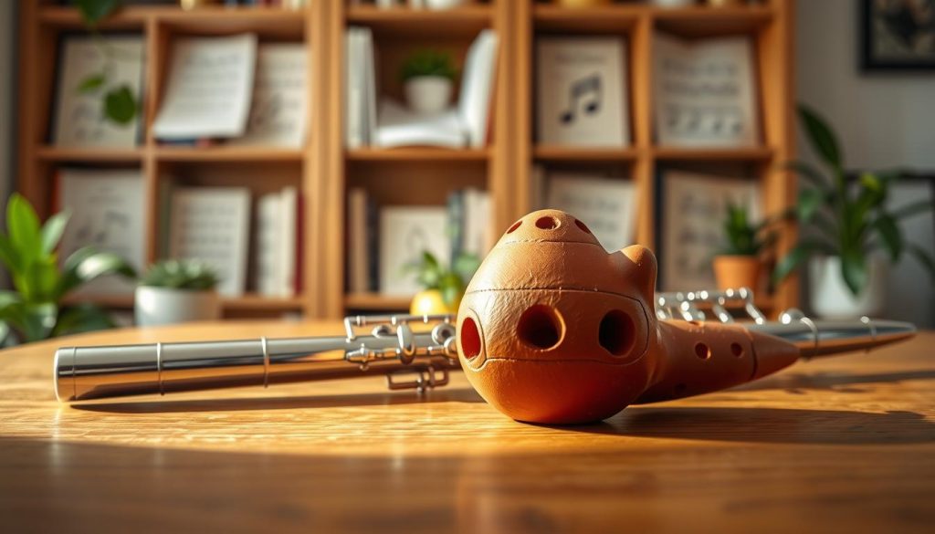 A beautiful, side-by-side comparison of an ocarina and a flute on a wooden table. In the foreground, the ocarina, a clay figure with a polished surface and intricate carvings, gleams under soft natural lighting, showcasing its unique shape and finger holes. Next to it, a silver flute, sleek and elegant, reflects a hint of sunlight, highlighting its metal finish. In the middle background, a cozy setting featuring a gently blurred bookshelf filled with sheet music and plants creates an inviting atmosphere. The overall mood is warm and educational, encouraging viewers to explore the nuances between these two musical instruments. The angle is slightly elevated, presenting both instruments prominently without any text or distractions. A beautiful, side-by-side comparison of an ocarina and a flute on a wooden table. In the foreground, the ocarina, a clay figure with a polished surface and intricate carvings, gleams under soft natural lighting, showcasing its unique shape and finger holes. Next to it, a silver flute, sleek and elegant, reflects a hint of sunlight, highlighting its metal finish. In the middle background, a cozy setting featuring a gently blurred bookshelf filled with sheet music and plants creates an inviting atmosphere. The overall mood is warm and educational, encouraging viewers to explore the nuances between these two musical instruments. The angle is slightly elevated, presenting both instruments prominently without any text or distractions.
