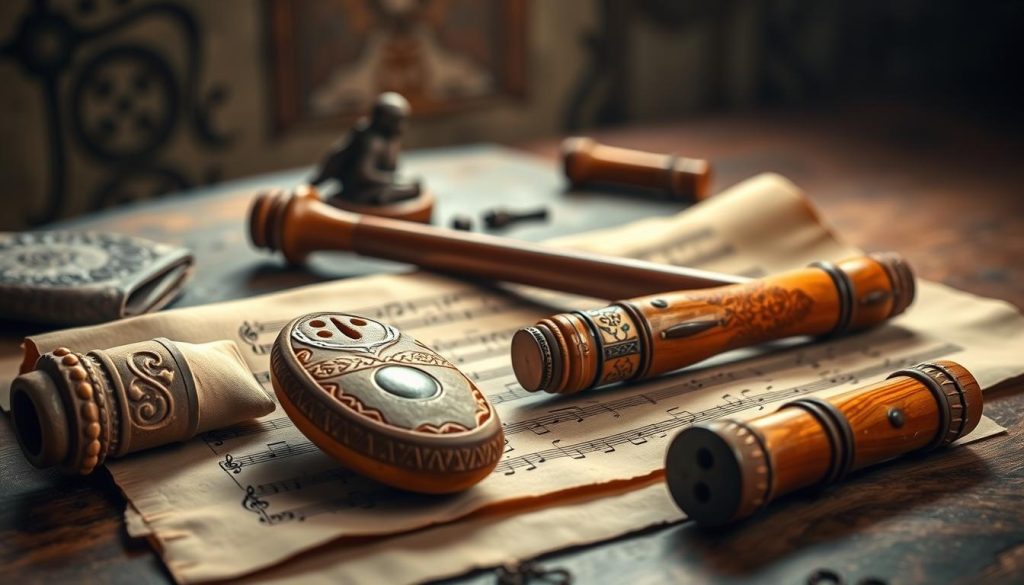 A beautifully arranged composition showcasing the historical origins of the ocarina and flute. In the foreground, depict an ancient clay ocarina intricately carved with designs, along with a wooden flute, both resting on an old scroll containing sheet music. In the middle ground, add subtle hints of historical references, such as a soft silhouette of ancient musicians playing these instruments. The background should include soft, warm lighting that suggests an ancient setting, with stone textures and faint, mystical patterns to evoke a sense of heritage. The atmosphere should feel rich and inviting, reflecting a deep cultural significance and connection to music through the ages, inviting the viewer to explore the differences and historical context of these instruments. A beautifully arranged composition showcasing the historical origins of the ocarina and flute. In the foreground, depict an ancient clay ocarina intricately carved with designs, along with a wooden flute, both resting on an old scroll containing sheet music. In the middle ground, add subtle hints of historical references, such as a soft silhouette of ancient musicians playing these instruments. The background should include soft, warm lighting that suggests an ancient setting, with stone textures and faint, mystical patterns to evoke a sense of heritage. The atmosphere should feel rich and inviting, reflecting a deep cultural significance and connection to music through the ages, inviting the viewer to explore the differences and historical context of these instruments.