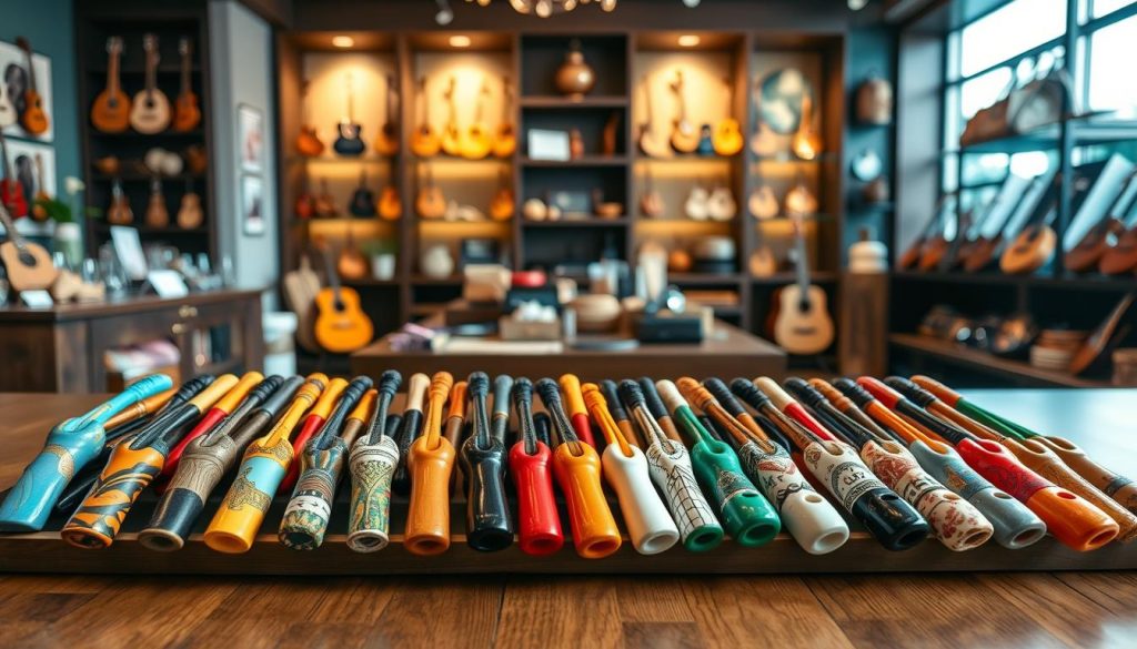 A beautifully arranged display featuring a selection of high-quality ocarinas on a wooden table. In the foreground, several intricately designed ocarinas, showcasing various materials such as ceramic and clay with vibrant colors and artistic patterns. The middle ground reveals an elegant boutique setting with soft, warm lighting illuminating the instruments, highlighting their craftsmanship. In the background, shelves lined with additional musical instruments and accessories create a cozy, inviting atmosphere. The scene conveys a sense of professionalism and expertise, perfect for music enthusiasts seeking recommendations. The photo is captured from a slightly elevated angle, allowing an expansive view of the display, emphasizing the diversity of ocarina brands available for beginners. A beautifully arranged display featuring a selection of high-quality ocarinas on a wooden table. In the foreground, several intricately designed ocarinas, showcasing various materials such as ceramic and clay with vibrant colors and artistic patterns. The middle ground reveals an elegant boutique setting with soft, warm lighting illuminating the instruments, highlighting their craftsmanship. In the background, shelves lined with additional musical instruments and accessories create a cozy, inviting atmosphere. The scene conveys a sense of professionalism and expertise, perfect for music enthusiasts seeking recommendations. The photo is captured from a slightly elevated angle, allowing an expansive view of the display, emphasizing the diversity of ocarina brands available for beginners.