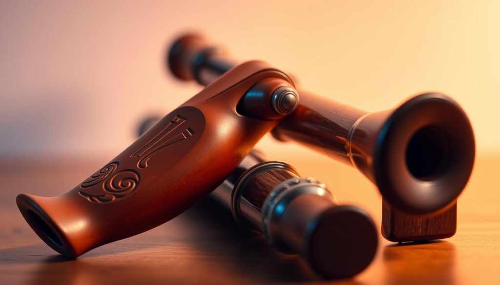 A beautifully arranged display of an ocarina and a flute, highlighting their unique shapes and designs. In the foreground, a detailed close-up of the ocarina, crafted from polished clay, with smooth curves and decorative engravings; beside it, a sleek wooden flute with elegant keys and a gleaming finish. The middle ground features a subtle gradient background that transitions from warm earthy tones to soft blues, enhancing the instruments' colors. The lighting is soft and warm, creating a cozy atmosphere, with faint shadows adding depth. The angle is slightly elevated, allowing viewers to appreciate the intricate details of both instruments. The mood is artistic and contemplative, inviting exploration of their forms and design elements. A beautifully arranged display of an ocarina and a flute, highlighting their unique shapes and designs. In the foreground, a detailed close-up of the ocarina, crafted from polished clay, with smooth curves and decorative engravings; beside it, a sleek wooden flute with elegant keys and a gleaming finish. The middle ground features a subtle gradient background that transitions from warm earthy tones to soft blues, enhancing the instruments' colors. The lighting is soft and warm, creating a cozy atmosphere, with faint shadows adding depth. The angle is slightly elevated, allowing viewers to appreciate the intricate details of both instruments. The mood is artistic and contemplative, inviting exploration of their forms and design elements.