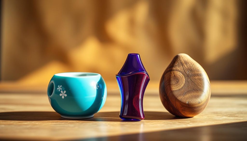 A beautifully arranged display of ocarinas made from three distinct materials: ceramic, plastic, and wood. In the foreground, showcase a glossy ceramic ocarina with intricate hand-painted designs, a vibrant plastic ocarina with a modern, sleek finish, and a rustic wooden ocarina with visible grain. The middle ground features soft, natural light that highlights the textures of each material, casting subtle shadows that enhance their shapes. The background should be slightly blurred with earthy tones, suggesting a music studio or a cozy setting. The overall mood is warm and inviting, celebrating the craftsmanship and variety in ocarina design, perfect for attracting musicians of all levels. A beautifully arranged display of ocarinas made from three distinct materials: ceramic, plastic, and wood. In the foreground, showcase a glossy ceramic ocarina with intricate hand-painted designs, a vibrant plastic ocarina with a modern, sleek finish, and a rustic wooden ocarina with visible grain. The middle ground features soft, natural light that highlights the textures of each material, casting subtle shadows that enhance their shapes. The background should be slightly blurred with earthy tones, suggesting a music studio or a cozy setting. The overall mood is warm and inviting, celebrating the craftsmanship and variety in ocarina design, perfect for attracting musicians of all levels.