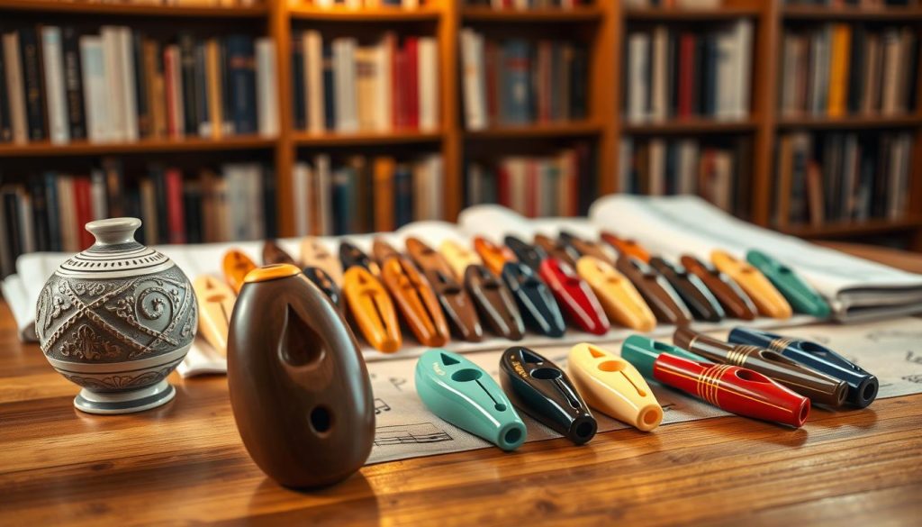 A beautifully arranged display of various ocarinas on a wooden table, showcasing different styles and budgets. In the foreground, feature an elegant ceramic ocarina with intricate designs, contrasted with a more straightforward, yet functional plastic model. The middle ground should include a variety of ocarinas in diverse sizes and colors positioned on a soft, textured fabric backdrop that hints at musical notes in a subtle pattern. The background should show soft warm lighting, creating an inviting atmosphere, with a blurred bookshelf filled with music books, implying knowledge and expertise. Capture the scene with a shallow depth of field, focusing on the quality and craftsmanship of the ocarinas, evoking a sense of careful selection based on quality and price. A beautifully arranged display of various ocarinas on a wooden table, showcasing different styles and budgets. In the foreground, feature an elegant ceramic ocarina with intricate designs, contrasted with a more straightforward, yet functional plastic model. The middle ground should include a variety of ocarinas in diverse sizes and colors positioned on a soft, textured fabric backdrop that hints at musical notes in a subtle pattern. The background should show soft warm lighting, creating an inviting atmosphere, with a blurred bookshelf filled with music books, implying knowledge and expertise. Capture the scene with a shallow depth of field, focusing on the quality and craftsmanship of the ocarinas, evoking a sense of careful selection based on quality and price.
