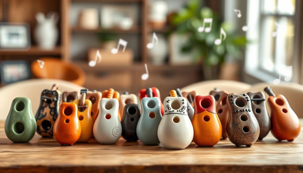 A beautifully arranged display of various ocarinas, showcasing different types based on the number of holes. In the foreground, a range of ocarinas from 4 to 12 holes, crafted from ceramic and clay, each with unique colors and intricate designs. The middle ground features a wooden table, with soft natural light illuminating the ocarinas, creating a warm and inviting atmosphere. In the background, blurred musical notes float gently, hinting at the melodic possibilities of each instrument. The image captures a sense of artistry and craftsmanship, emphasizing the diversity of ocarinas, while maintaining a clean, professional look without any text or distractions. A beautifully arranged display of various ocarinas, showcasing different types based on the number of holes. In the foreground, a range of ocarinas from 4 to 12 holes, crafted from ceramic and clay, each with unique colors and intricate designs. The middle ground features a wooden table, with soft natural light illuminating the ocarinas, creating a warm and inviting atmosphere. In the background, blurred musical notes float gently, hinting at the melodic possibilities of each instrument. The image captures a sense of artistry and craftsmanship, emphasizing the diversity of ocarinas, while maintaining a clean, professional look without any text or distractions.