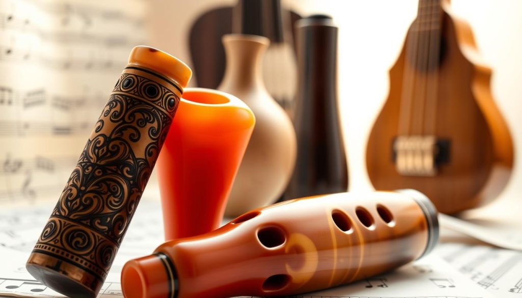 A beautifully arranged still life featuring various types of ocarinas, highlighting their differences in tessiture and tuning—alto, soprano, tenor, and bass. In the foreground, focus on a close-up of an intricately designed alto ocarina with detailed engravings, placed next to a glossy soprano ocarina in vibrant colors. The middle layer showcases a tenor ocarina with a matte finish, and the bass ocarina slightly behind it, hinting at its larger size. The background features soft, blurred musical notes and sheet music, subtly suggesting the world of music. The lighting is warm and inviting, with gentle highlights that accentuate the curves of the instruments, creating an atmosphere of creativity and exploration in the art of music. A beautifully arranged still life featuring various types of ocarinas, highlighting their differences in tessiture and tuning—alto, soprano, tenor, and bass. In the foreground, focus on a close-up of an intricately designed alto ocarina with detailed engravings, placed next to a glossy soprano ocarina in vibrant colors. The middle layer showcases a tenor ocarina with a matte finish, and the bass ocarina slightly behind it, hinting at its larger size. The background features soft, blurred musical notes and sheet music, subtly suggesting the world of music. The lighting is warm and inviting, with gentle highlights that accentuate the curves of the instruments, creating an atmosphere of creativity and exploration in the art of music.