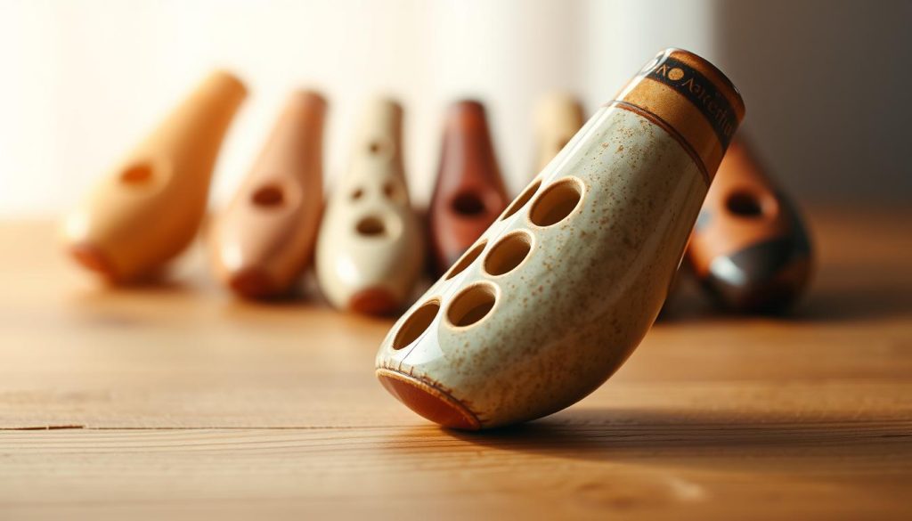 A beautifully crafted ceramic ocarina featured prominently in the foreground, showcasing its intricate glaze and six elegantly formed finger holes. The instrument is positioned slightly tilted to reveal its graceful curves and colors, illuminated by warm, soft natural light that enhances its texture. In the middle ground, a subtle arrangement of other ocarinas with varying hole counts, such as 10 and 12 holes, creates a sense of choice and exploration. The background is a softly blurred wooden table surface, hinting at a cozy, inviting atmosphere for music-making. The overall mood is serene and artistic, capturing the essence of music and craftsmanship, ideal for an aspiring musician's journey in selecting their perfect ocarina. A beautifully crafted ceramic ocarina featured prominently in the foreground, showcasing its intricate glaze and six elegantly formed finger holes. The instrument is positioned slightly tilted to reveal its graceful curves and colors, illuminated by warm, soft natural light that enhances its texture. In the middle ground, a subtle arrangement of other ocarinas with varying hole counts, such as 10 and 12 holes, creates a sense of choice and exploration. The background is a softly blurred wooden table surface, hinting at a cozy, inviting atmosphere for music-making. The overall mood is serene and artistic, capturing the essence of music and craftsmanship, ideal for an aspiring musician's journey in selecting their perfect ocarina.
