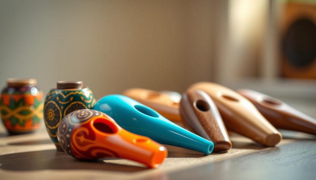 A beautifully crafted display of various ocarinas made from different materials: ceramic, plastic, and wood. In the foreground, showcase a vibrant ceramic ocarina with intricate patterns and rich colors, alongside a sleek, modern plastic ocarina in a bright hue. A wooden ocarina with a natural finish sits prominently, emphasizing its organic texture. In the middle ground, soft diffused sunlight illuminates these instruments, highlighting their unique attributes and designs. The background features a gentle gradient, fading from light to dark, enhancing the focus on the ocarinas. The atmosphere is warm and inviting, reflecting a sense of creativity and musical exploration, perfect for beginners choosing their first instrument. Use a shallow depth of field to create a soft bokeh effect, emphasizing the craftsmanship of each ocarina. A beautifully crafted display of various ocarinas made from different materials: ceramic, plastic, and wood. In the foreground, showcase a vibrant ceramic ocarina with intricate patterns and rich colors, alongside a sleek, modern plastic ocarina in a bright hue. A wooden ocarina with a natural finish sits prominently, emphasizing its organic texture. In the middle ground, soft diffused sunlight illuminates these instruments, highlighting their unique attributes and designs. The background features a gentle gradient, fading from light to dark, enhancing the focus on the ocarinas. The atmosphere is warm and inviting, reflecting a sense of creativity and musical exploration, perfect for beginners choosing their first instrument. Use a shallow depth of field to create a soft bokeh effect, emphasizing the craftsmanship of each ocarina.