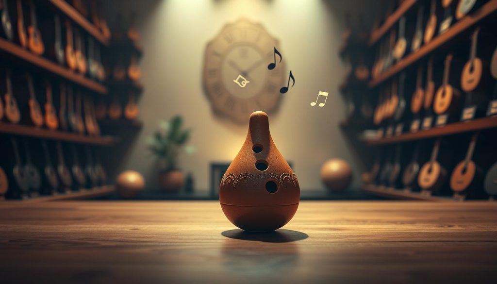 A beautifully crafted ocarina made from polished clay sits prominently in the foreground, showcasing its intricate designs and finger holes. In the middle ground, a soft flow of musical notes weaves through the air, symbolizing the acoustic functionality of the instrument. The background features a serene, dimly lit music room adorned with shelves of various ocarinas in different shapes and sizes, indicating a wide selection for musicians of varying skill levels. Warm, ambient lighting casts gentle shadows, creating an inviting atmosphere that highlights the contrast between the ocarina's earthy tones and the soft notes in the air. The image reflects a sense of exploration and choice, inviting viewers to consider the acoustic properties influencing their selection of this unique instrument. The angle is slightly elevated, allowing a comprehensive view of both the ocarina and the surrounding musical environment. A beautifully crafted ocarina made from polished clay sits prominently in the foreground, showcasing its intricate designs and finger holes. In the middle ground, a soft flow of musical notes weaves through the air, symbolizing the acoustic functionality of the instrument. The background features a serene, dimly lit music room adorned with shelves of various ocarinas in different shapes and sizes, indicating a wide selection for musicians of varying skill levels. Warm, ambient lighting casts gentle shadows, creating an inviting atmosphere that highlights the contrast between the ocarina's earthy tones and the soft notes in the air. The image reflects a sense of exploration and choice, inviting viewers to consider the acoustic properties influencing their selection of this unique instrument. The angle is slightly elevated, allowing a comprehensive view of both the ocarina and the surrounding musical environment.