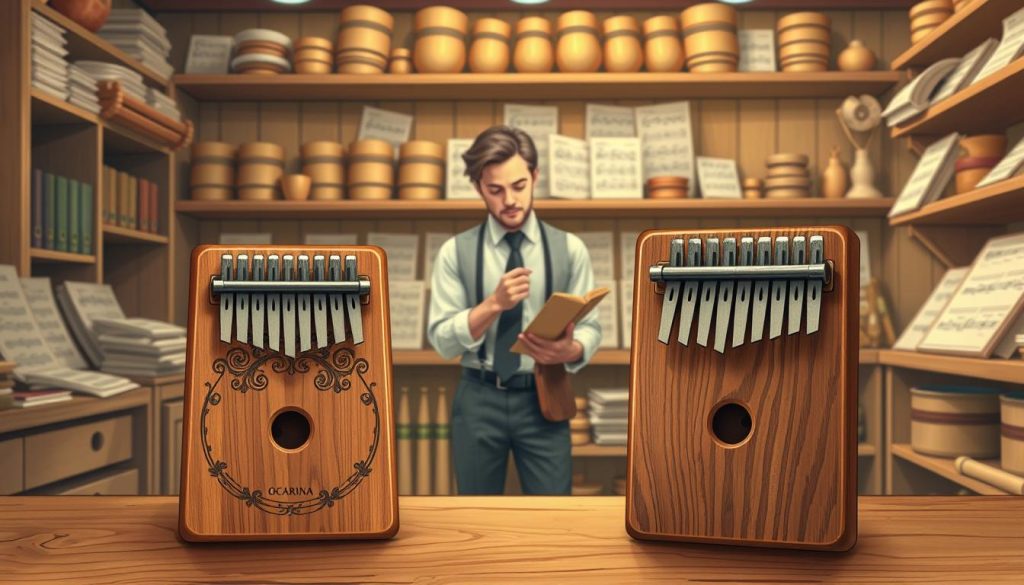 A detailed illustration of an ocarina workshop, showcasing both a 6-hole and 12-hole ocarina prominently in the foreground, placed on a wooden workbench. The ocarinas should feature intricate designs, highlighting their unique qualities for different tunings. In the middle ground, a musician, dressed in smart casual attire, is attentively testing the sound of each ocarina, demonstrating their tessitura and tuning options. The background should portray shelves filled with various sizes of ocarinas and musical sheets, with warm, inviting lighting that creates a cozy atmosphere. A soft focus effect adds a serene mood, emphasizing the artistic nature of choosing the right instrument based on personal profile and usage.