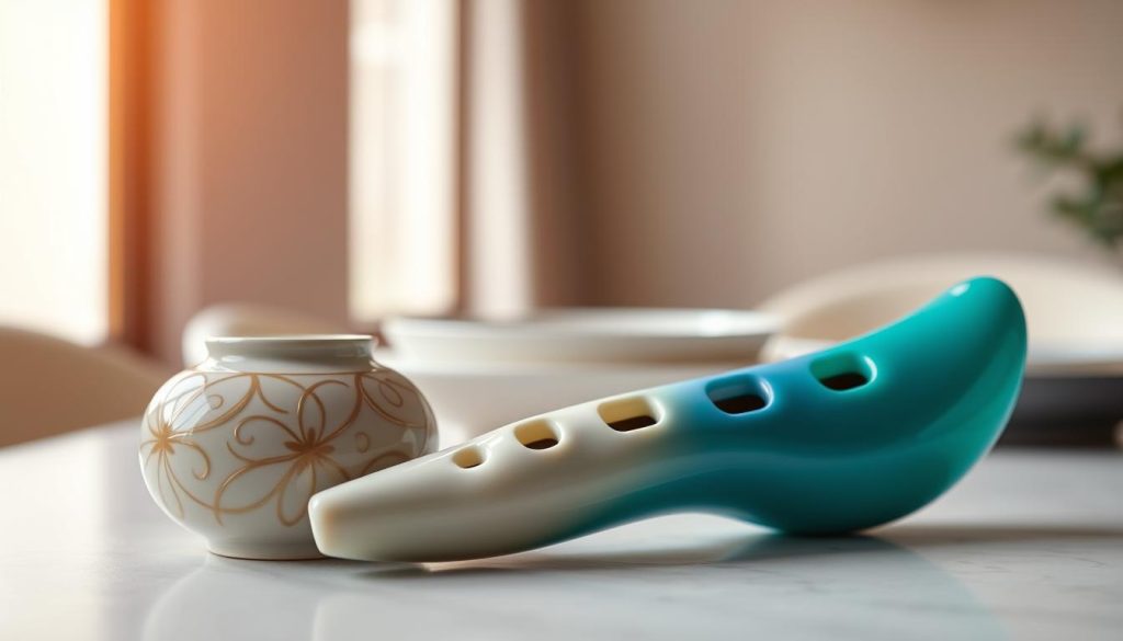 A visually striking comparison of ceramic and plastic, showcasing an elegant ceramic ocarina prominently in the foreground, with intricate glazing patterns and a polished finish reflecting soft ambient light. Beside it, a modern, colorful plastic ocarina displaying smooth curves and a glossy surface. The middle ground features a minimalist table setting that enhances the contrast between the two materials. The background is softly blurred, evoking a serene atmosphere with soft pastel colors that highlight the beauty of both ocarinas. Lighting should be warm and inviting, creating gentle highlights and shadows, while capturing the essence of craftsmanship and modern design in musical instruments.