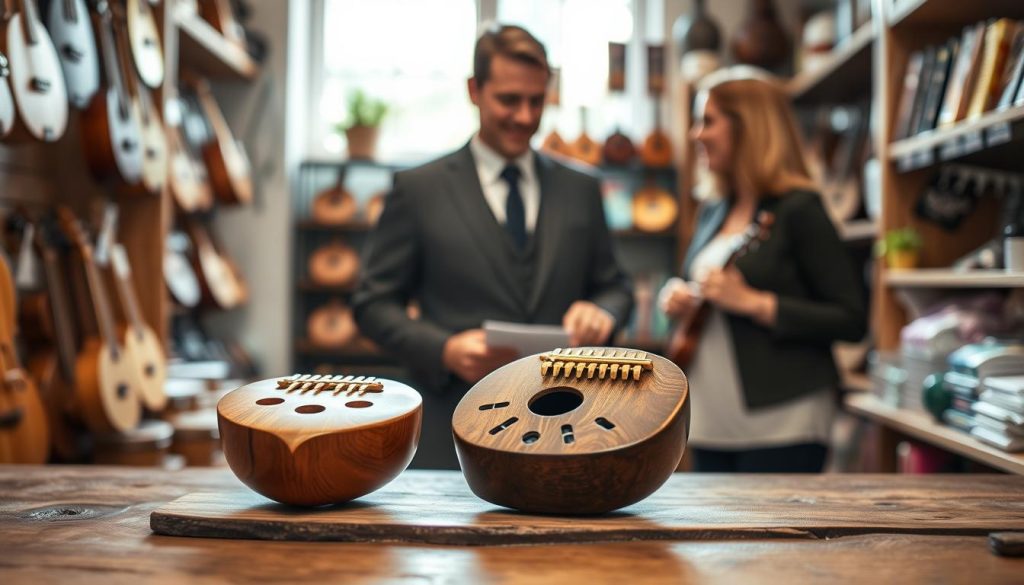 A well-lit, inviting marketplace scene showcasing ocarinas, emphasizing quality and reliability. In the foreground, two beautifully crafted ocarinas, one with six holes and another with twelve holes, are placed on a rustic wooden table, highlighting their craftsmanship and unique designs. In the middle ground, a professional, well-dressed salesperson is demonstrating the ocarinas to a curious customer, both engaged in conversation, with a warm smile. The background features blurred shelves filled with musical instruments and colorful packaging, adding depth to the scene. Soft natural lighting filters through a nearby window, creating a serene and trustworthy atmosphere. The overall mood is supportive and informative, encouraging buyers to make an informed choice in a vibrant, authentic marketplace setting.