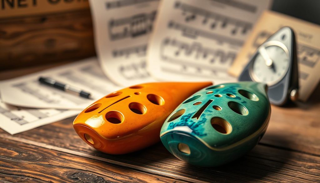 An artistic composition featuring a close-up of two ocarinas: a 10-hole and a 12-hole traverso, placed side by side on a rustic wooden surface. The ocarinas should be detailed, showcasing their smooth ceramic texture and vibrant glazes, reflecting light for a glossy finish. In the background, softly blurred, there should be music sheets and a desktop metronome, creating a musical atmosphere. The lighting is warm and inviting, with soft highlights enhancing the curves of the ocarinas. The scene has a calm and inspiring mood, suggesting a welcoming environment for beginners to explore music. The image is sharp and well-balanced, providing a clear focus on the instruments while evoking creativity and learning.