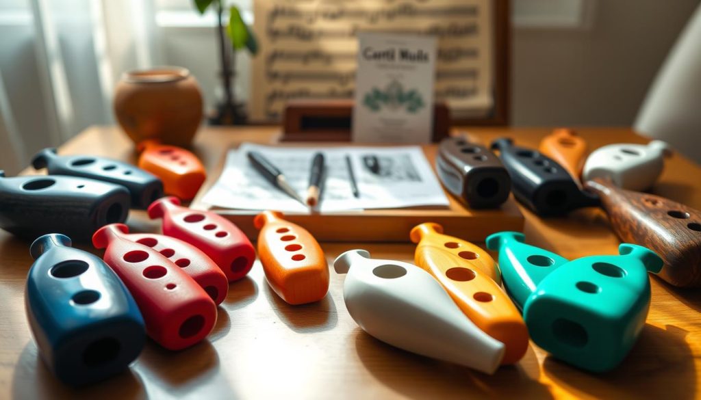 A beautifully arranged display of various 10-hole ocarinas made from different materials such as clay, plastic, and wood. In the foreground, showcase a selection of ocarinas in varying colors and designs, highlighting their unique shapes and hole patterns. In the middle ground, include an elegant wooden table with additional accessories like a cleaning brush, a small tuning fork, and an instructional booklet for beginners. The background should feature a soft, blurred music sheet, evoking a serene atmosphere. Natural light filters in softly from the left, casting gentle shadows and creating a warm, inviting ambiance. The angle should be slightly above eye level, focusing on the ocarinas and accessories to provide depth and richness to the composition. A beautifully arranged display of various 10-hole ocarinas made from different materials such as clay, plastic, and wood. In the foreground, showcase a selection of ocarinas in varying colors and designs, highlighting their unique shapes and hole patterns. In the middle ground, include an elegant wooden table with additional accessories like a cleaning brush, a small tuning fork, and an instructional booklet for beginners. The background should feature a soft, blurred music sheet, evoking a serene atmosphere. Natural light filters in softly from the left, casting gentle shadows and creating a warm, inviting ambiance. The angle should be slightly above eye level, focusing on the ocarinas and accessories to provide depth and richness to the composition.