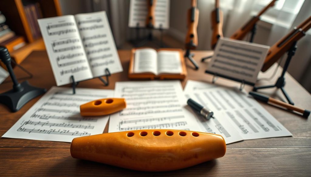 A beautifully arranged flat lay of a 12-hole ocarina, complemented by neatly displayed sheet music and tablatures tailored for beginners. The ocarina should be positioned prominently in the foreground, showcasing its curved, earthy design and glazed finish, surrounded by colorful, handwritten notations that evoke the excitement of learning to play. The middle layer features a wooden table surface, enhancing the natural, warm atmosphere, while a soft, ambient light bathes the entire scene, creating gentle shadows and highlights. In the background, a subtle blur of music stands and additional ocarinas adds depth, suggesting a cozy, inviting practice space. The overall mood is inspiring and educational, perfect for a beginner’s guide on playing the ocarina. A beautifully arranged flat lay of a 12-hole ocarina, complemented by neatly displayed sheet music and tablatures tailored for beginners. The ocarina should be positioned prominently in the foreground, showcasing its curved, earthy design and glazed finish, surrounded by colorful, handwritten notations that evoke the excitement of learning to play. The middle layer features a wooden table surface, enhancing the natural, warm atmosphere, while a soft, ambient light bathes the entire scene, creating gentle shadows and highlights. In the background, a subtle blur of music stands and additional ocarinas adds depth, suggesting a cozy, inviting practice space. The overall mood is inspiring and educational, perfect for a beginner’s guide on playing the ocarina.